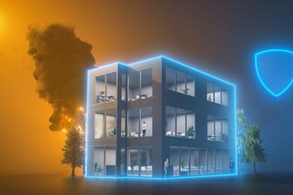 Lindab Protect concept image a;Blue color around the building symbolize that the building is Lindab protected a;Building a;Prevent fire and smoke a;Steering system a;Fire System PRO